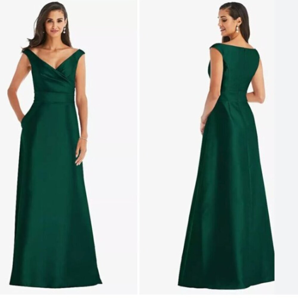 Alfred Sung Off-the-Shoulder Draped Wrap Satin Maxi Dress Hunter Green, size 14 - Picture 1 of 13